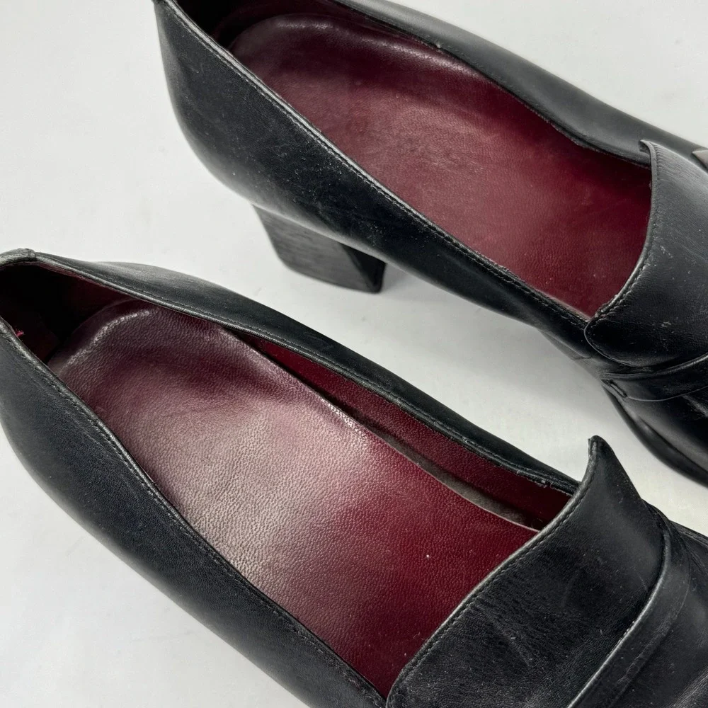 VTG Y2K Chunky Heeled‎ Loafers Womens 8M Black Leather Square Toe Witchy Goth